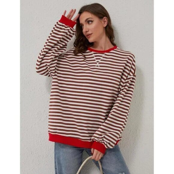Maroon Red Striped Oversized Sweatshirt - Picture 5 of 6
